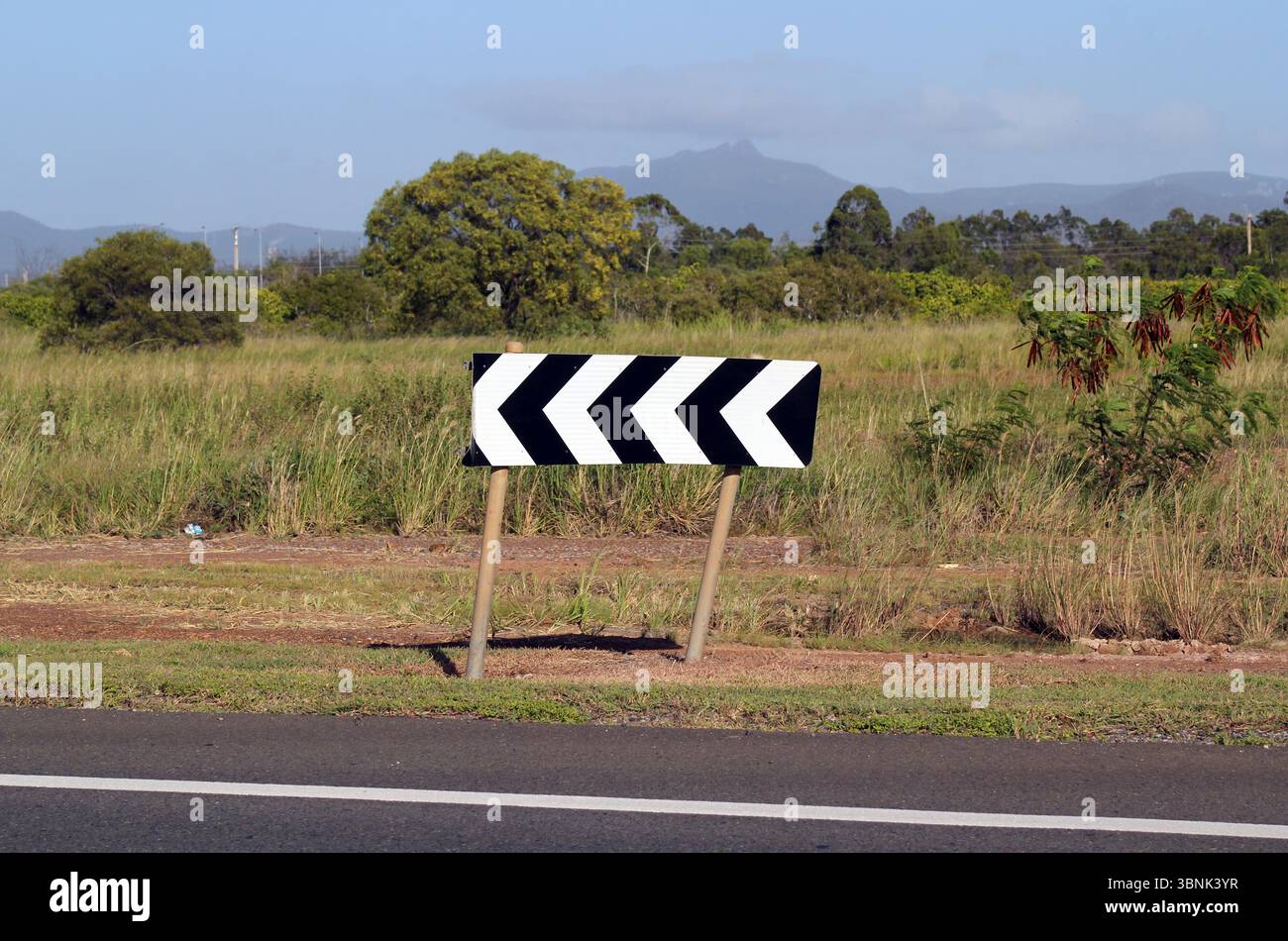 Tournez à gauche panneau sur le côté d'une route avec de l'herbe et des arbres Banque D'Images