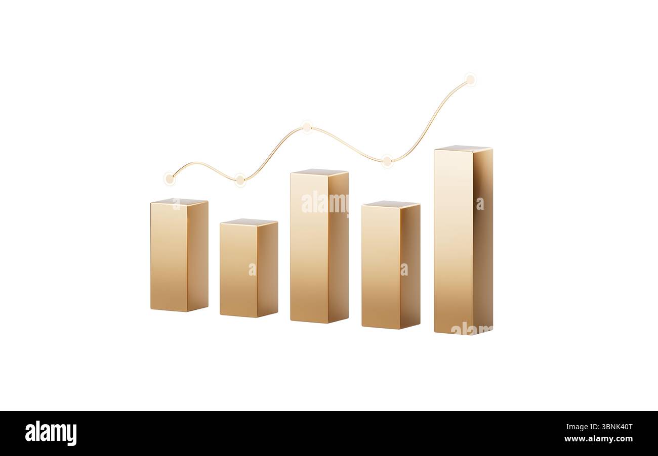 Graphique à barres dorées avec tendance de croissance, rendu 3D. Illustration 3D. Banque D'Images