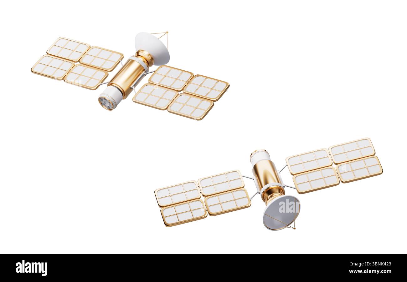 Satellite orbital spatial doré avec concept aérospatial, rendu 3D. Illustration 3D. Banque D'Images