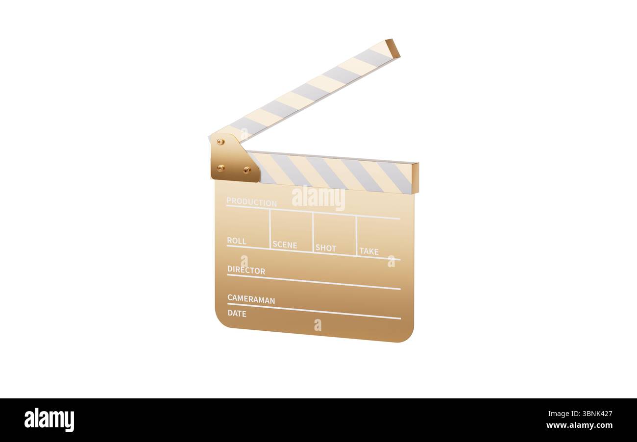 Panneau de clapper doré avec film et concept de montage de film, rendu 3D. Illustration 3D. Banque D'Images