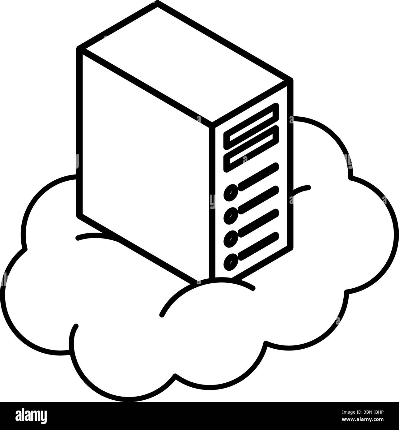 Icône de ligne isométrique de serveur Web basé sur le cloud avec serveur rectangulaire orienté vers l'avant et élément cloud, noir et blanc, illustration vectorielle Illustration de Vecteur