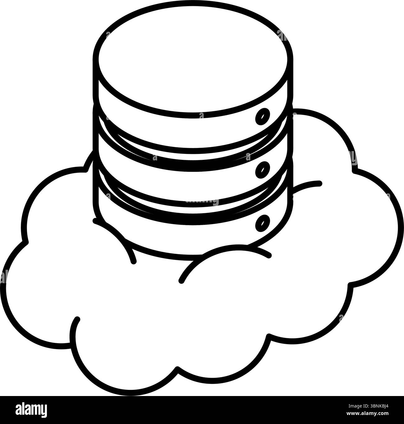 Icône de ligne isométrique de serveur de données basé sur le cloud avec forme de base de données cylindrique empilée et élément de nuage, noir et blanc, illustration vectorielle Illustration de Vecteur