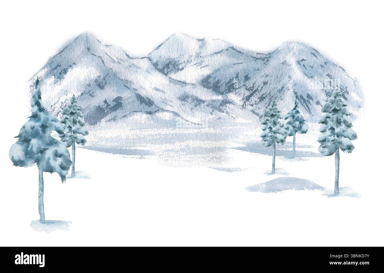 Paysage d'aquarelle d'hiver avec des pentes poussiéreuses de neige, des épinettes givrées et des silhouettes de montagne bleues isolées sur blanc. Scène de Noël dans les bois de Banque D'Images