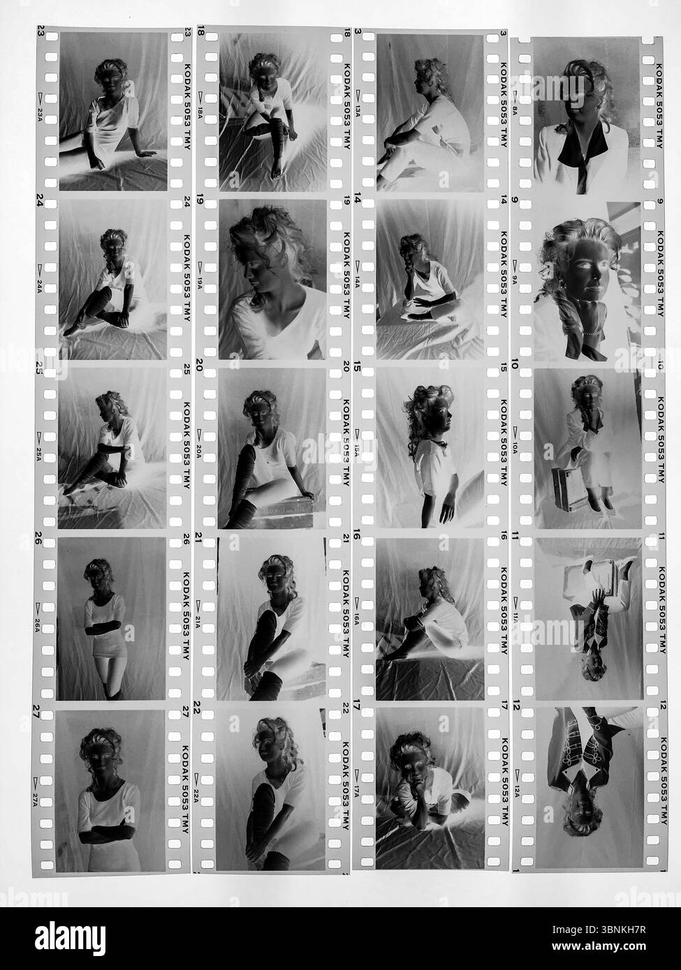 Studio Tuinstraat, Tilburg, pays-Bas. Planche contact ancienne de film analogique noir et blanc 1994-i, fabriquée à partir d'une visionneuse LED, à l'aide d'un appareil photo mobile iPhone se. Banque D'Images