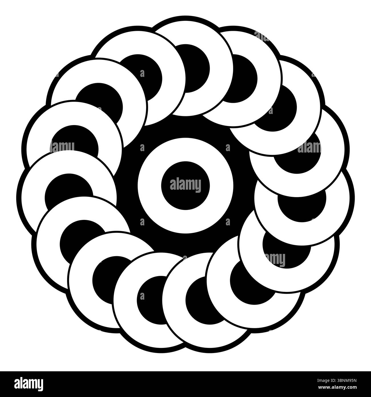Chaîne de cercles, motif crop circle. Formes circulaires interconnectées blanches superposées, pivotées autour d'un cercle au centre. Banque D'Images