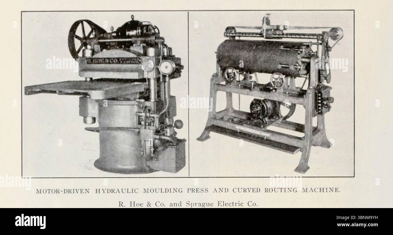 PRESSE À MOULER HYDRAULIQUE ENTRAÎNÉE PAR MOTEUR ET MACHINE À DÉFONCER COURBE. R. Hoe & Co. et Sprague Electric Co. de l'article THT DÉVELOPPEMENT ET UTILISATION DU PETIT MOTEUR ÉLECTRIQUE. PARTIE IV. APPLICATIONS À DES FINS GÉNÉRALES DE FABRICATION. Par Fred M. Kimball. Tiré de l'Engineering Magazine consacré au progrès industriel volume XXV avril - septembre 1903 The Engineering Magazine Co Banque D'Images
