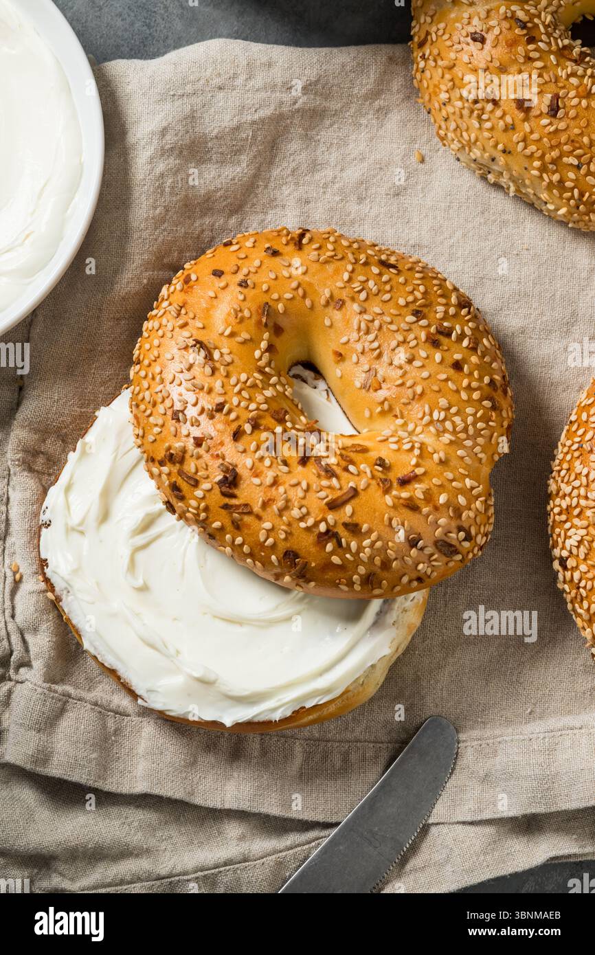 Bagel tout fait maison avec fromage à la crème pour le petit déjeuner Banque D'Images