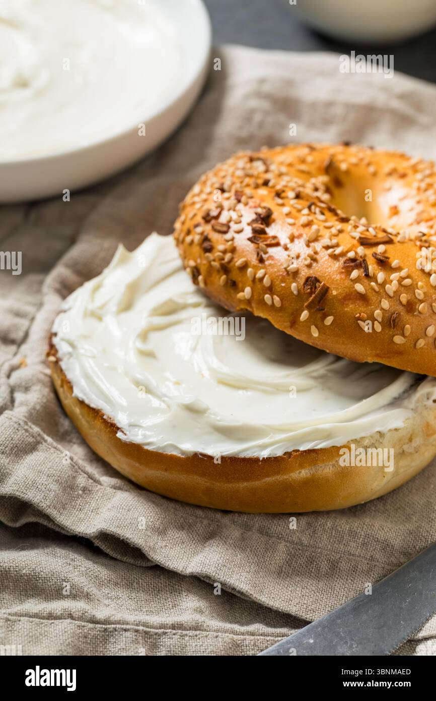 Bagel tout fait maison avec fromage à la crème pour le petit déjeuner Banque D'Images