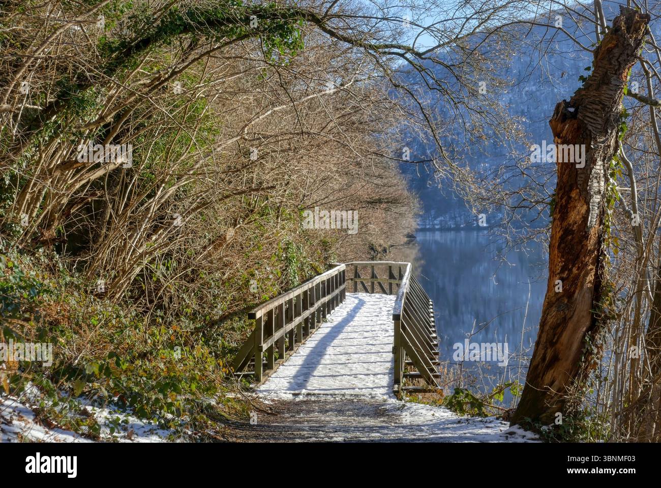 Sentier de randonnée avec garde-corps au réservoir de Rur près de Heimbach dans l'Eifel avec de la neige Banque D'Images Sentier de randonnée avec garde-corps au réservoir de Rur près de Heimbach dans l'Eifel avec de la neige Banque D'Images