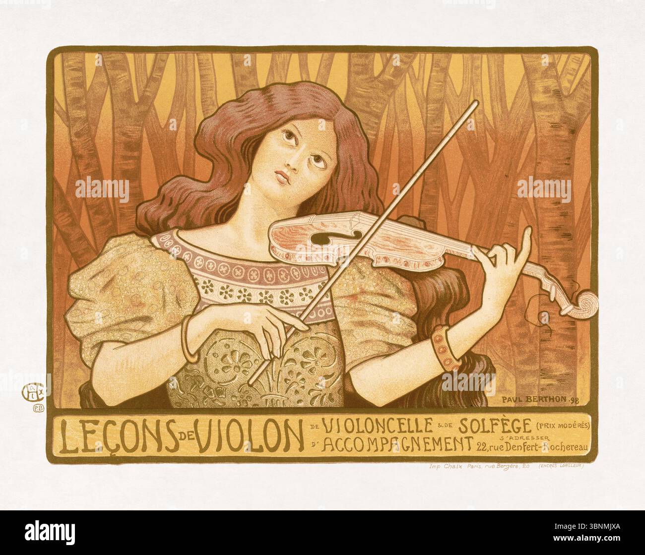 Lithographie couleur produite en 1898 par Paul Berthon pour faire de la publicité sur les leçons de violon. Banque D'Images