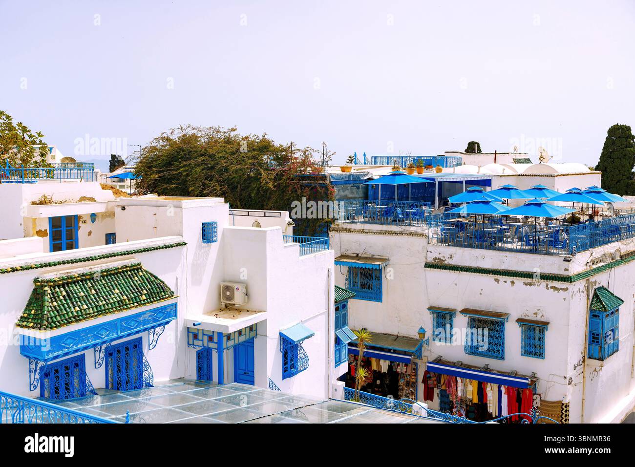Terrasse sur le toit du palais Dar el-Annabi avec vue sur le café-terrasse sur le toit et les maisons en cube blanc dans la vieille ville (médina) de Sidi Bou Said, Tunisie Banque D'Images