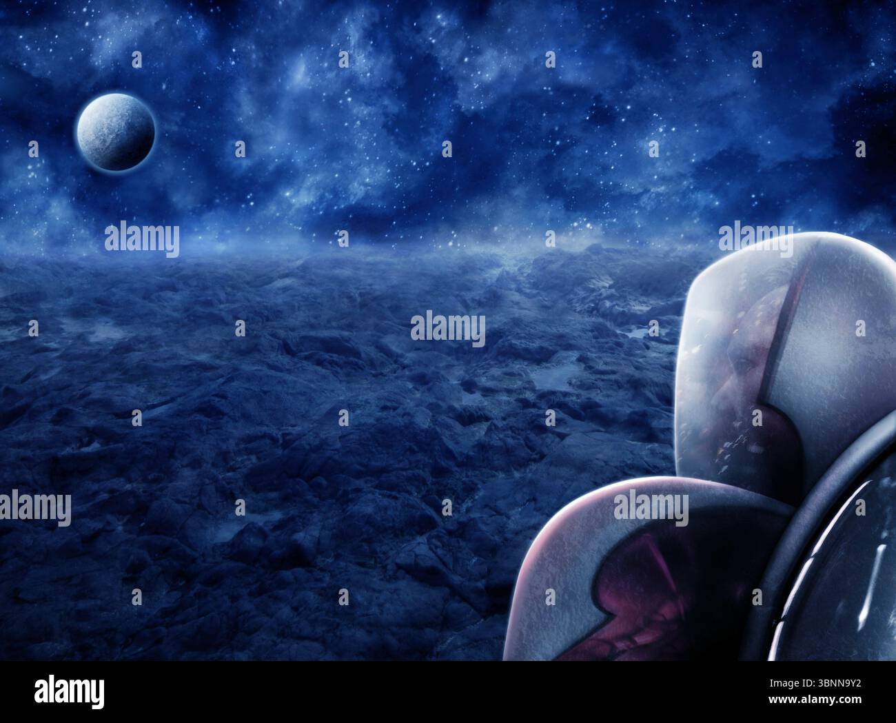 Un astronaute sur une planète rocheuse, lune, espace, combinaison spatiale, casque Banque D'Images