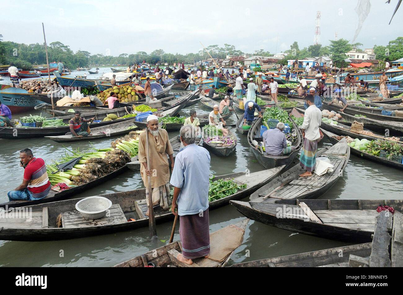Dhaka, Segunbagicha, Bangladesh. 3 juillet 2025. Depuis près de 100 ans, un marché flottant de légumes est situé sur la rivière Baithakata à Nazirpur Upazila dans le district de Pirojpur. Ce marché commence à 6h tous les samedis et mardis. Des légumes valant des crores de taka et divers types de fruits et de plants d'arbres sont vendus.les acheteurs achètent en gros sur ce marché et exportent des légumes vers Dhaka et d'autres parties du Bangladesh.Joynal, une femme locale de 90 ans, a déclaré que trois agriculteurs ont commencé ce marché. À cette époque, il n'y avait pas de marché côtier dans cette région. (Crédit image : © Azmal Hoq Helal Banque D'Images