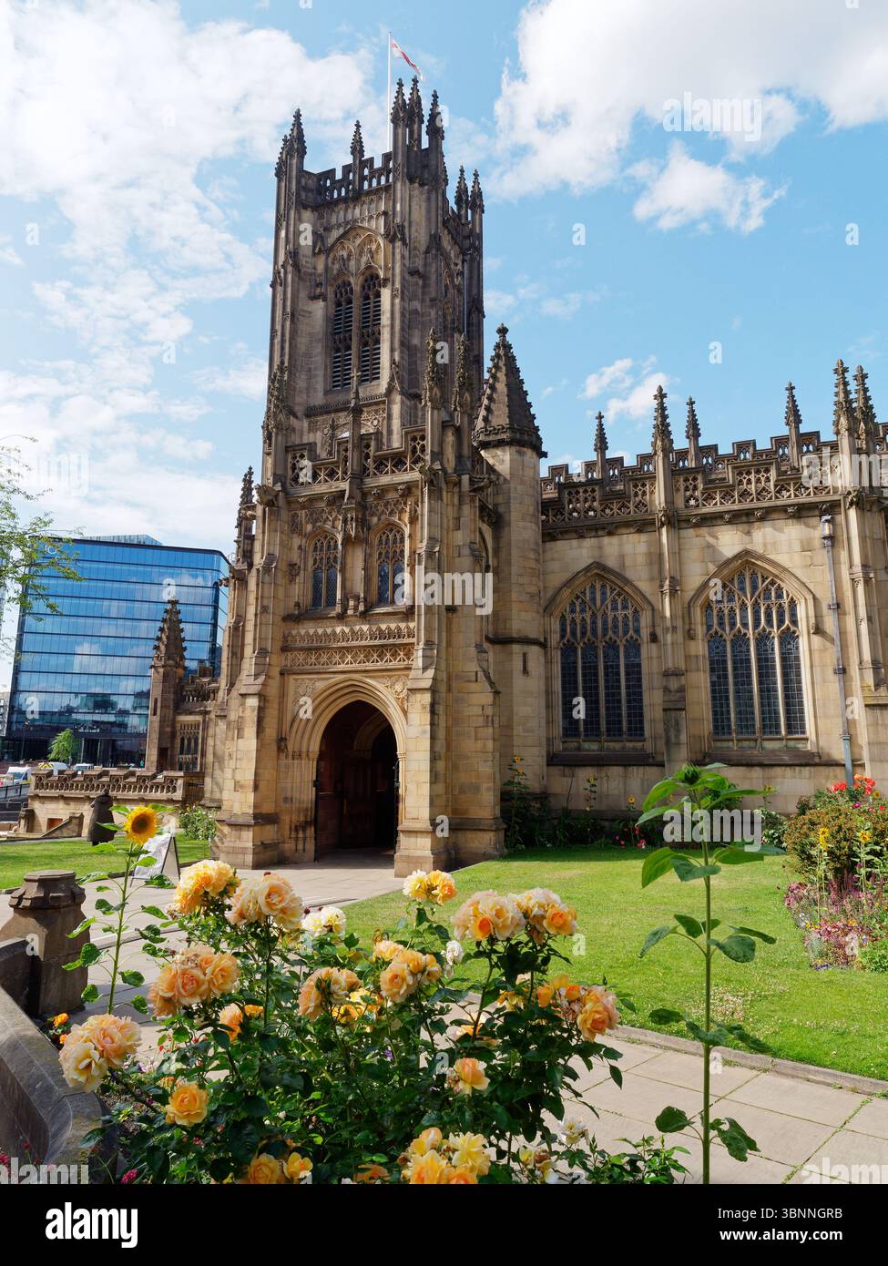 Cathédrale de Manchester avec entrée vue depuis le jardin avec pelouse et fleurs en Angleterre, 3 juillet 2025 Banque D'Images