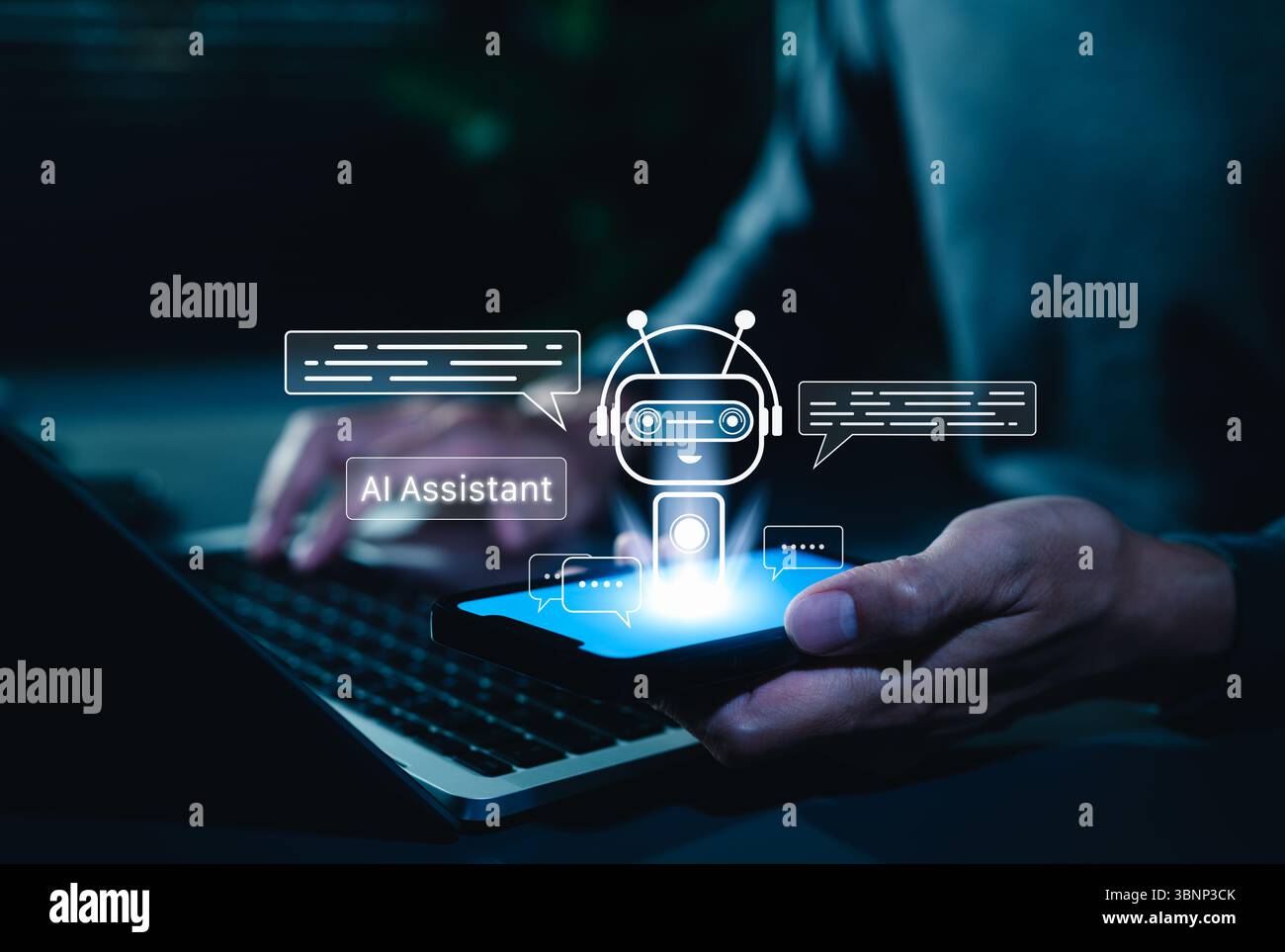 Concept de technologie d'assistant virtuel AI chatbot. Personne utilisant le chat smartphone avec chatbot ai qui a des bulles de dialogue, Banque D'Images