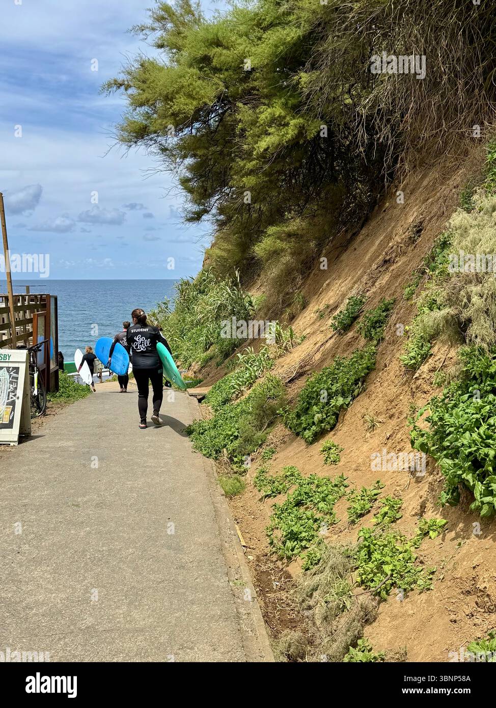 Groupe de surfeurs portant des planches le long d'un chemin vers la plage sur l'île de São Miguel, Açores, Portugal. La route pittoresque est bordée par une falaise luxuriante. Banque D'Images
