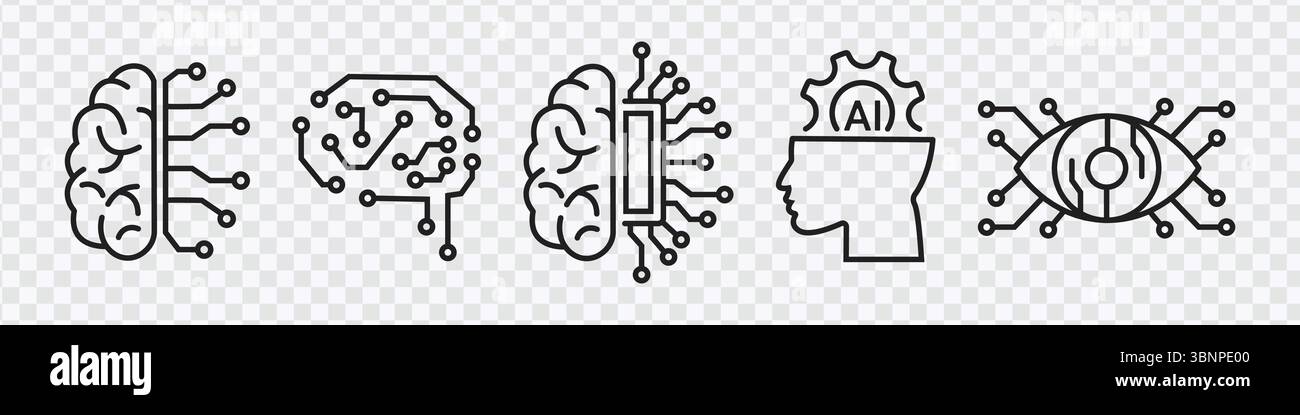 Intelligence artificielle et icônes de concept de cerveau Illustration de Vecteur