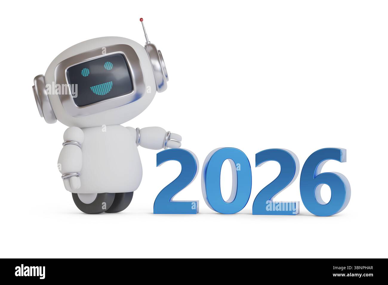 Année 2026 en trois dimensions avec robot mignon. Concept du nouvel an. illustration 3d. Banque D'Images