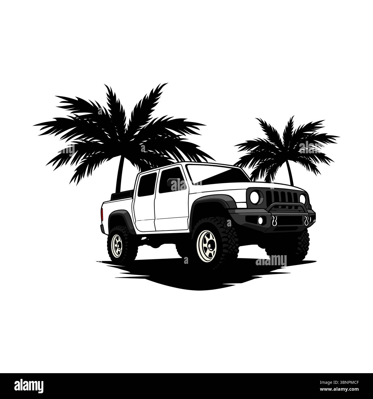 Véhicule 4x4 Off Road car noir et blanc avec des palmiers sur fond blanc Illustration de Vecteur