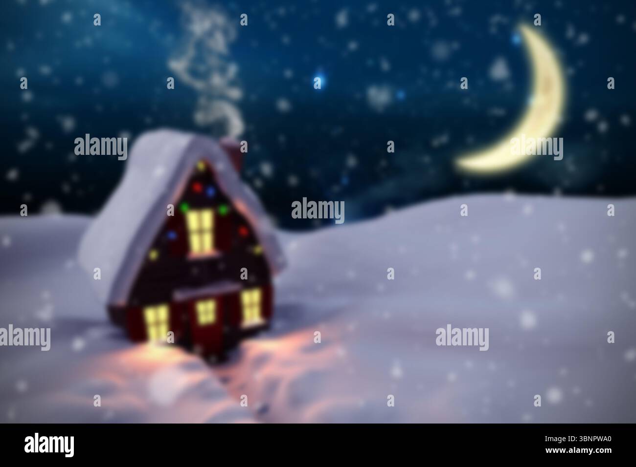 La cabine en bois brille comme la fumée monte à travers le champ de neige sous le croissant de lune dans la conception plate Banque D'Images