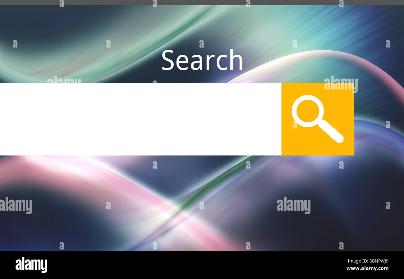 La barre de recherche apparaît dans l'interface utilisateur plate avec une entrée de recherche blanche, un bouton de recherche jaune, un fond d'onde Banque D'Images