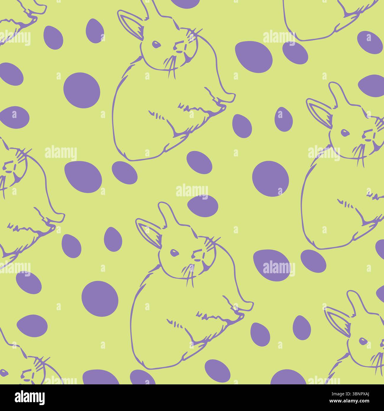 Le lapin central dessiné au trait violet est représenté dans un motif vert pâle de style croquis avec des ovales violets Banque D'Images