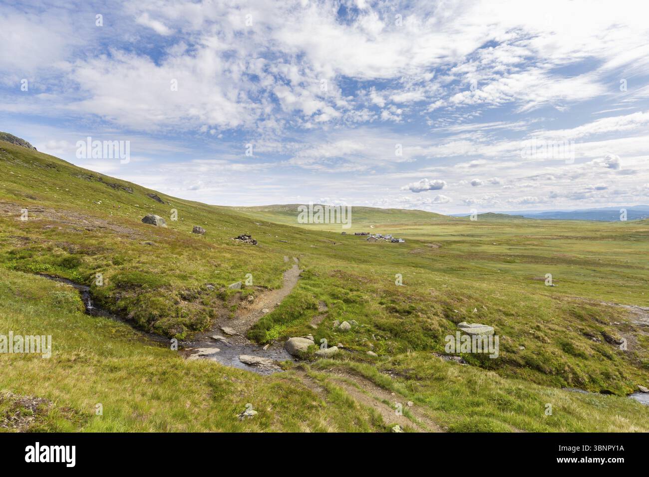 Landscaspe avec vue sur le centre de service Prestholtseter et café sous Hallingskarvet près de Geilo en Norvège, Scandinavie, Geilo, Noorwegen Banque D'Images