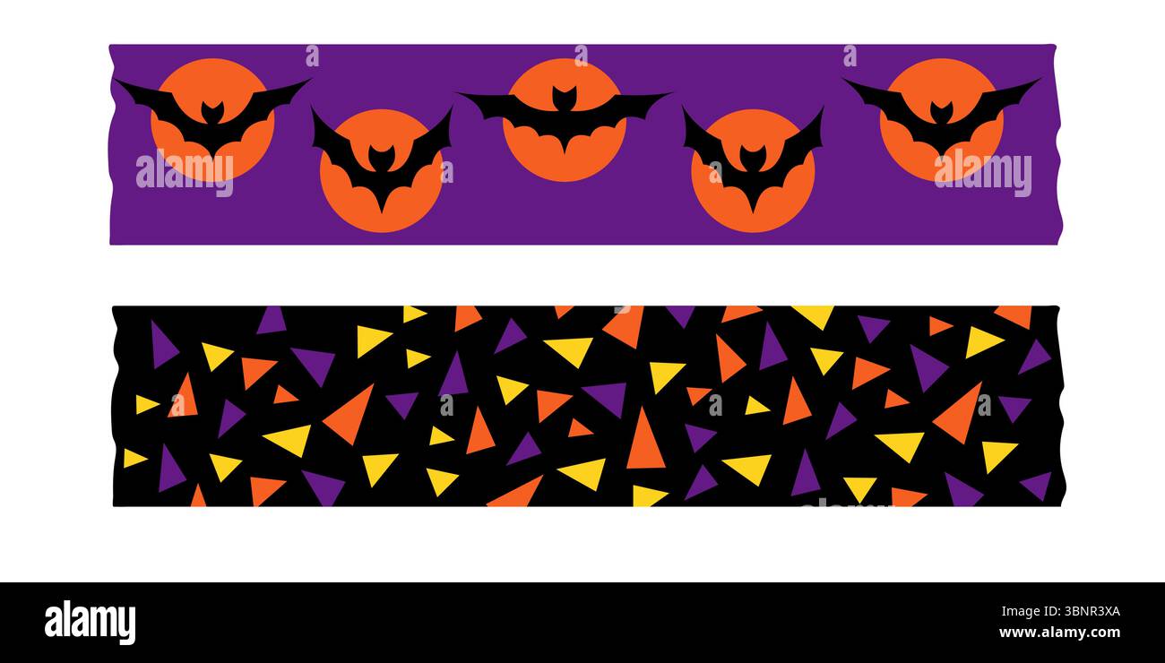 Ensemble de jolies bandes de ruban de masquage Halloween en violet orange et noir avec des éléments effrayants comme les araignées chauves-souris et les citrouilles. Bordures vectorielles pour l'artisanat Illustration de Vecteur