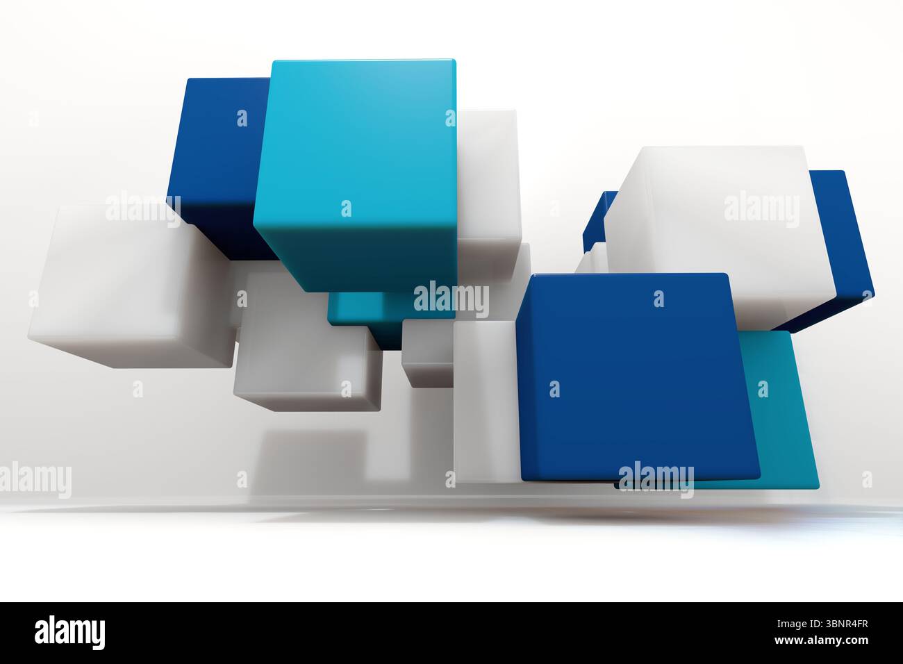 Les cubes bleu foncé sarcelle blanc flottent au-dessus de la base réfléchissante en 3D sur fond blanc, espace de copie Banque D'Images Les cubes bleu foncé sarcelle blanc flottent au-dessus de la base réfléchissante en 3D sur fond blanc, espace de copie Banque D'Images