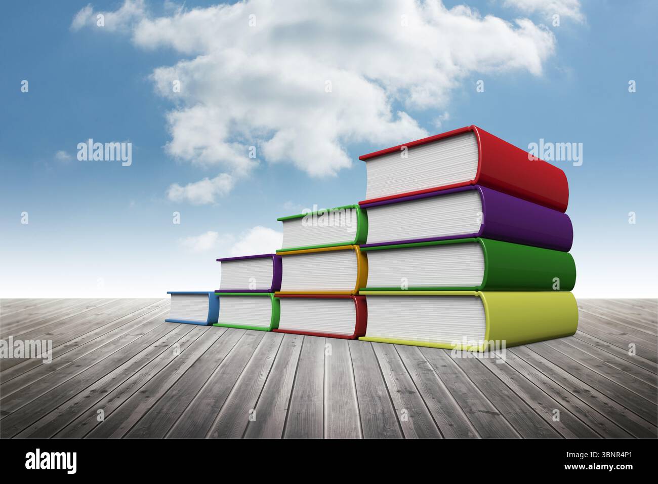 L'arrangement en gradins des livres à couverture rigide s'élève sur le pont en bois avec le ciel nuageux dans la conception plate Banque D'Images