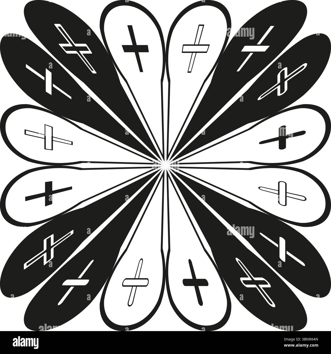 Pétales blancs noirs. Motif floral décoratif. Conception vectorielle symétrique. Motif botanique ornemental. Illustration de Vecteur