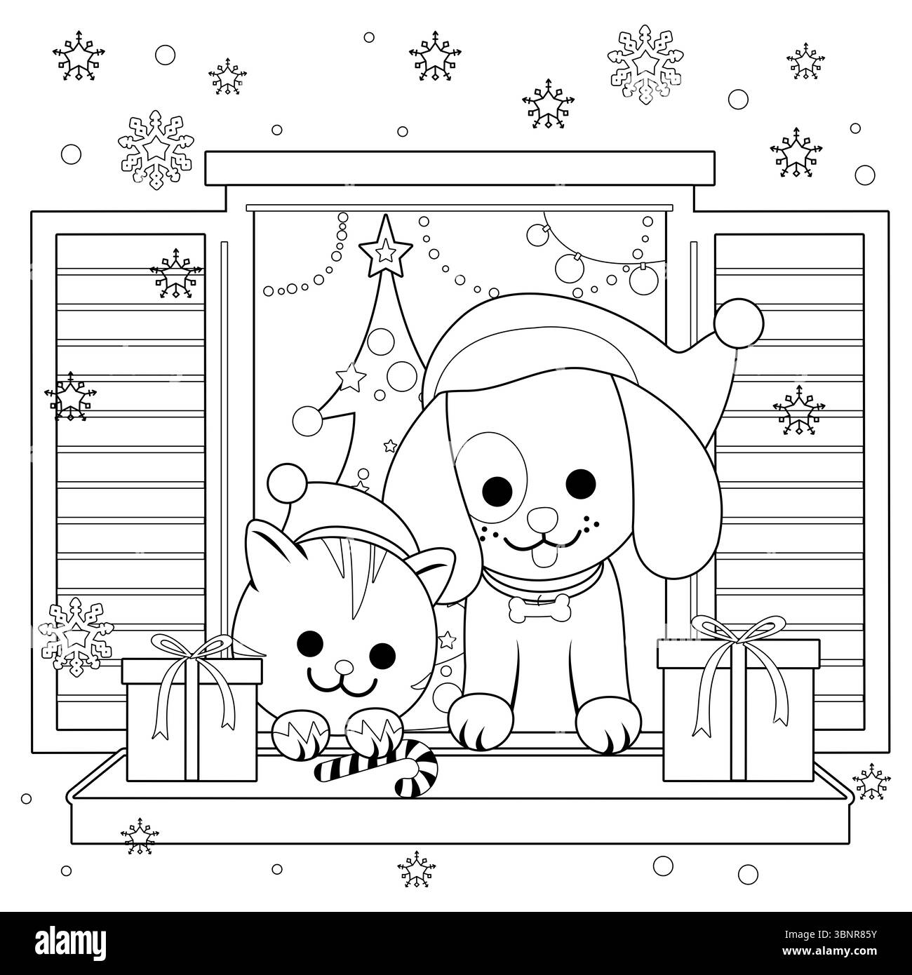 Chat et chien assis sur un rebord de fenêtre à Noël. Animaux domestiques de Noël avec chapeaux de Père Noël. Coloriage noir et blanc. Banque D'Images