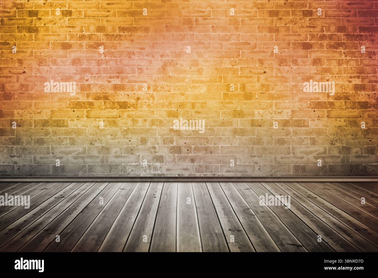 L'espace studio vacant présente un mur de briques apparentes de conception plate avec plancher de planche en bois Banque D'Images
