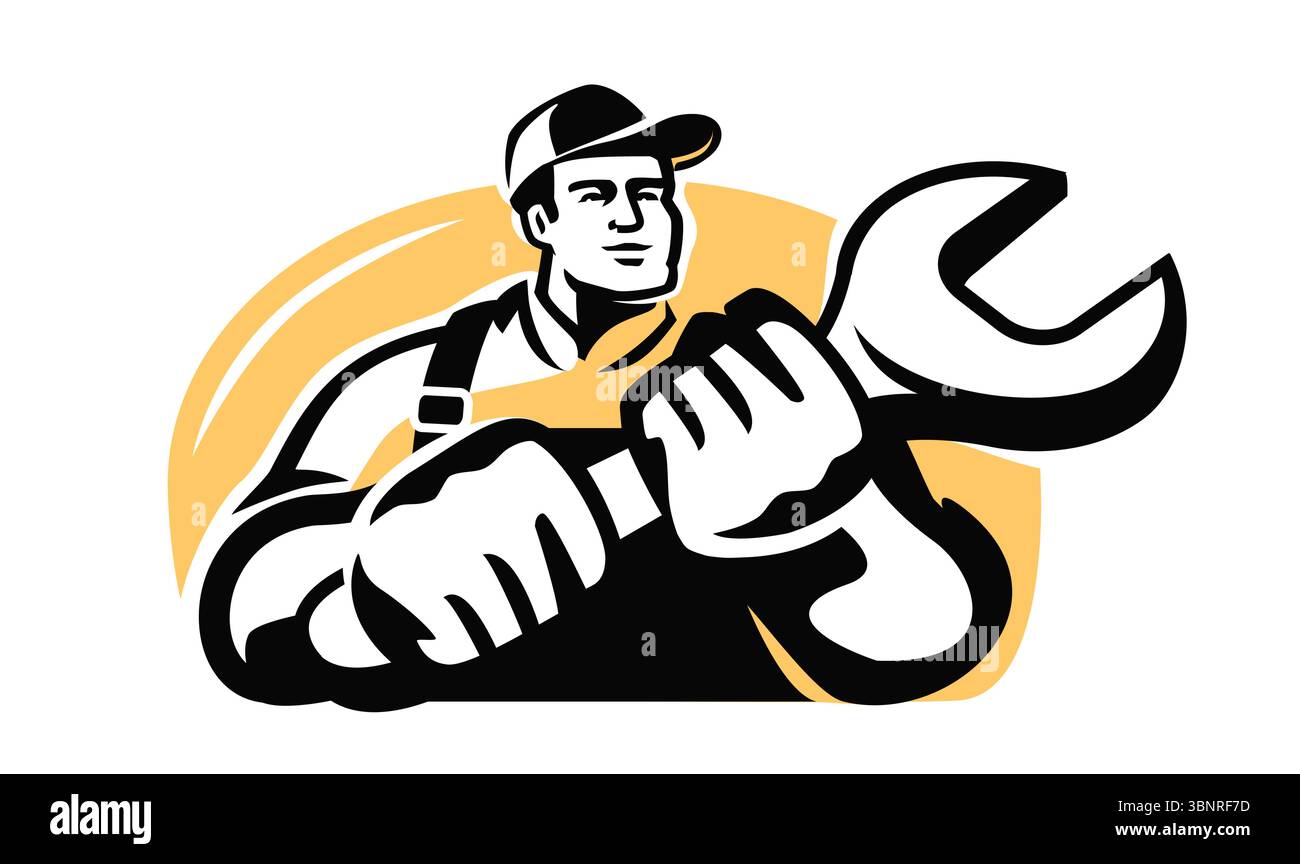 Ouvrier avec clé. Constructeur, ingénieur mécanicien, technicien avec outil de travail. Emblème, symbole travaux de construction Illustration de Vecteur