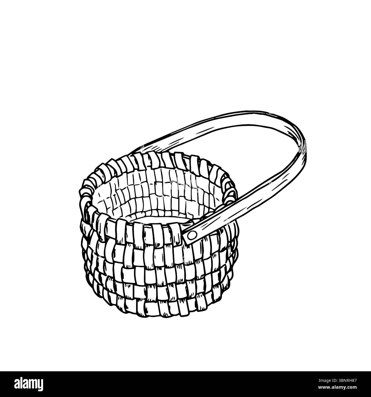 Un panier en osier fait de vignes avec une poignée, un croquis noir et blanc. Illustration vectorielle. Panier classique pour champignons, récolte, isolé sur un wh Illustration de Vecteur