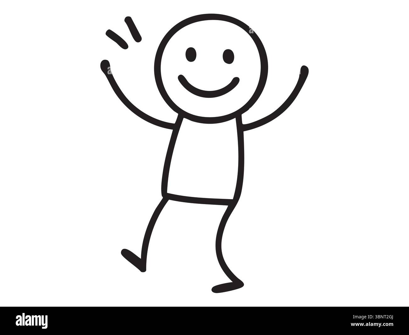 Homme figure de bâton noir avec expression faciale heureuse agitant la main, dessin de ligne de style de bande dessinée. Concept de joie, salutation, caractère humain, emoti joyeux Illustration de Vecteur
