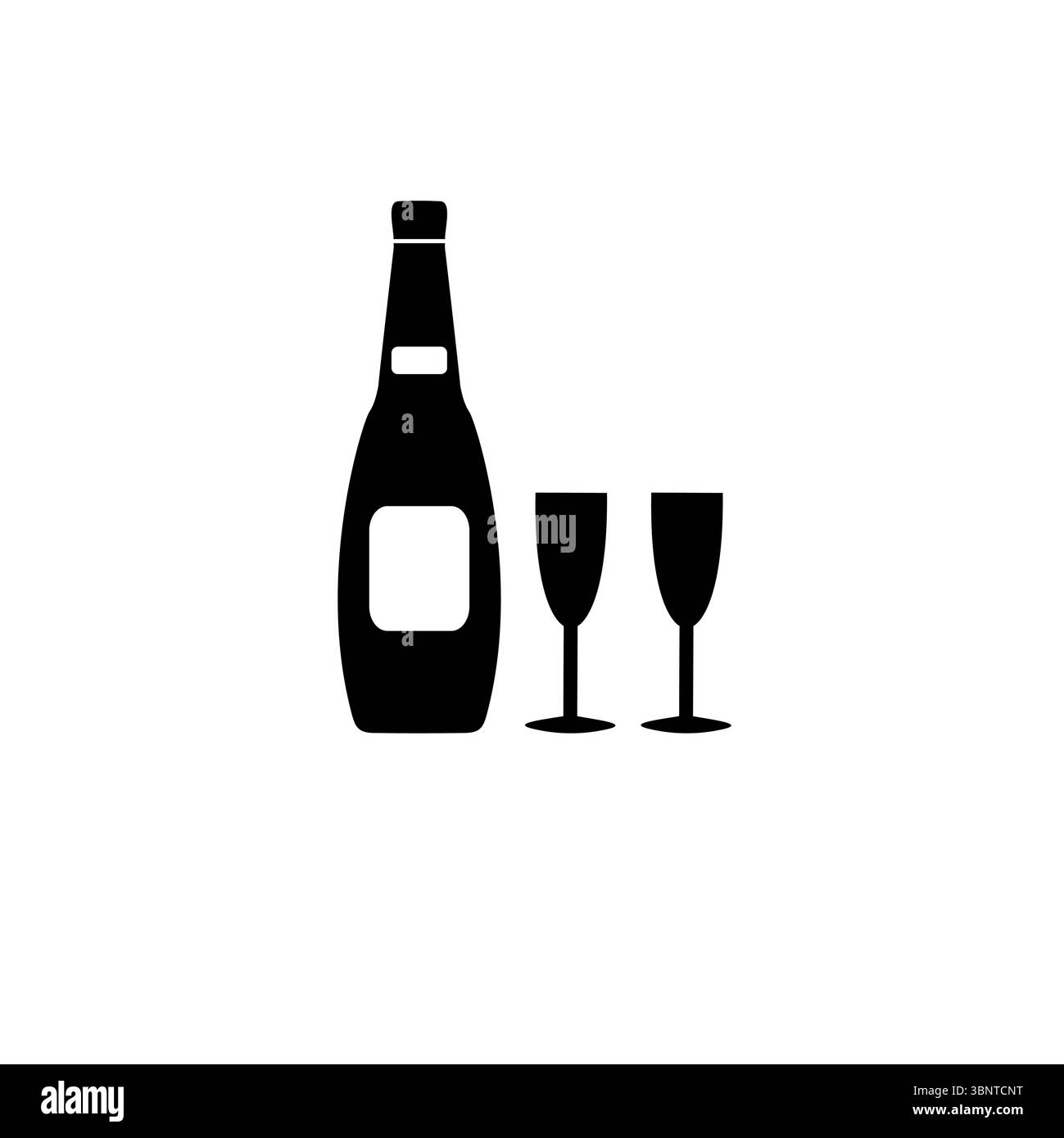 Bouteille de vin de champagne et deux verres icône de vecteur plat solide isolé sur fond blanc. Illustration de Vecteur