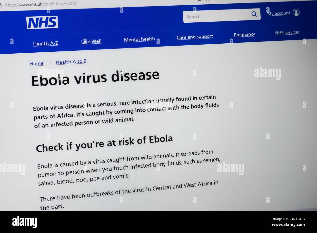 Le site Web du NHS contenant des informations sur la maladie à virus Ebola Banque D'Images