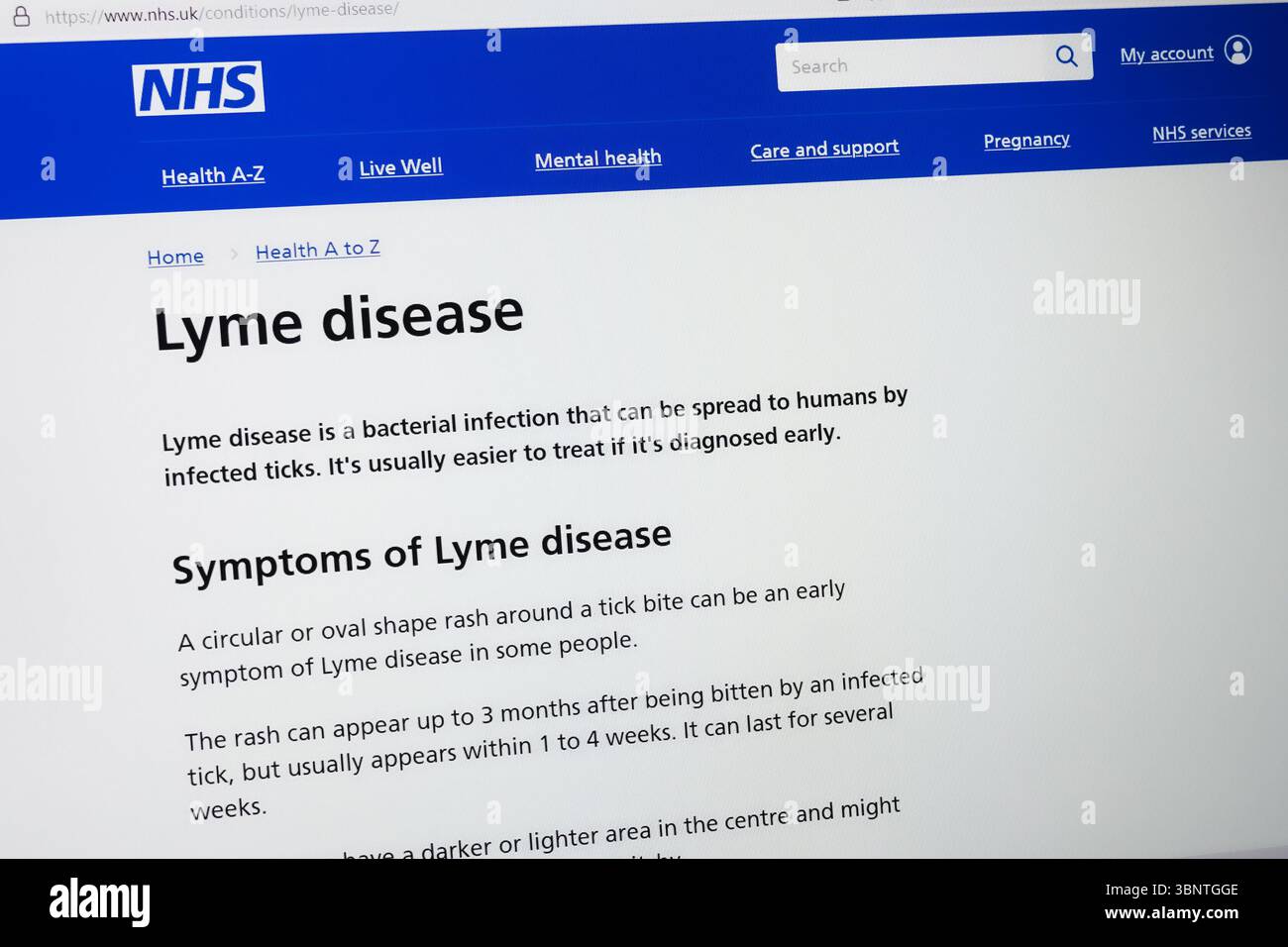 Le site Web du NHS avec des informations sur la maladie de Lyme Banque D'Images