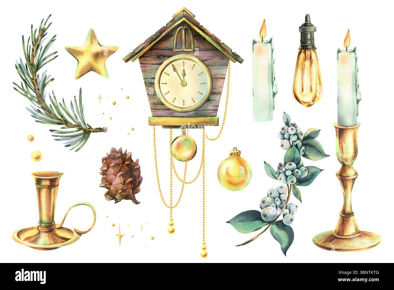 Aquarelle de style vintage peinte à la main avec horloge à coucou, bougies, pin et décor festif. Idéal pour les cliparts de Noël et les graphismes saisonniers confortables Banque D'Images