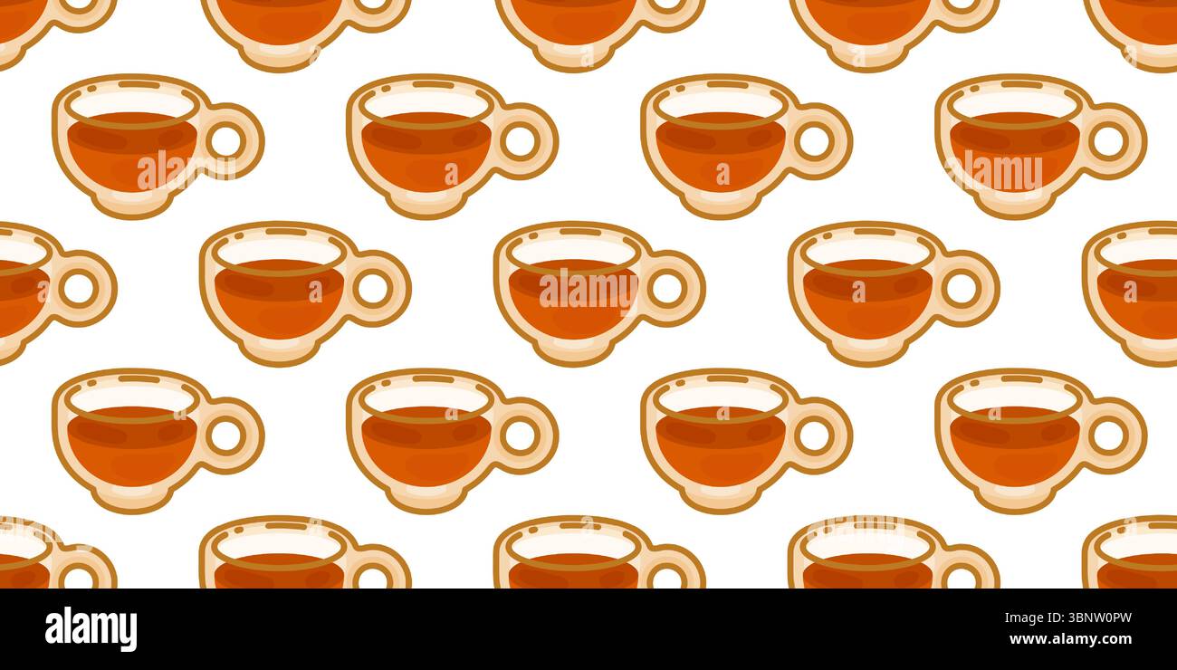 Motif de tasse à thé sans couture. Modèle sans couture avec tasses de thé de dessin animé dans des couleurs brunes et orange chaudes. Illustration de style plat sur fond blanc. Illustration de Vecteur
