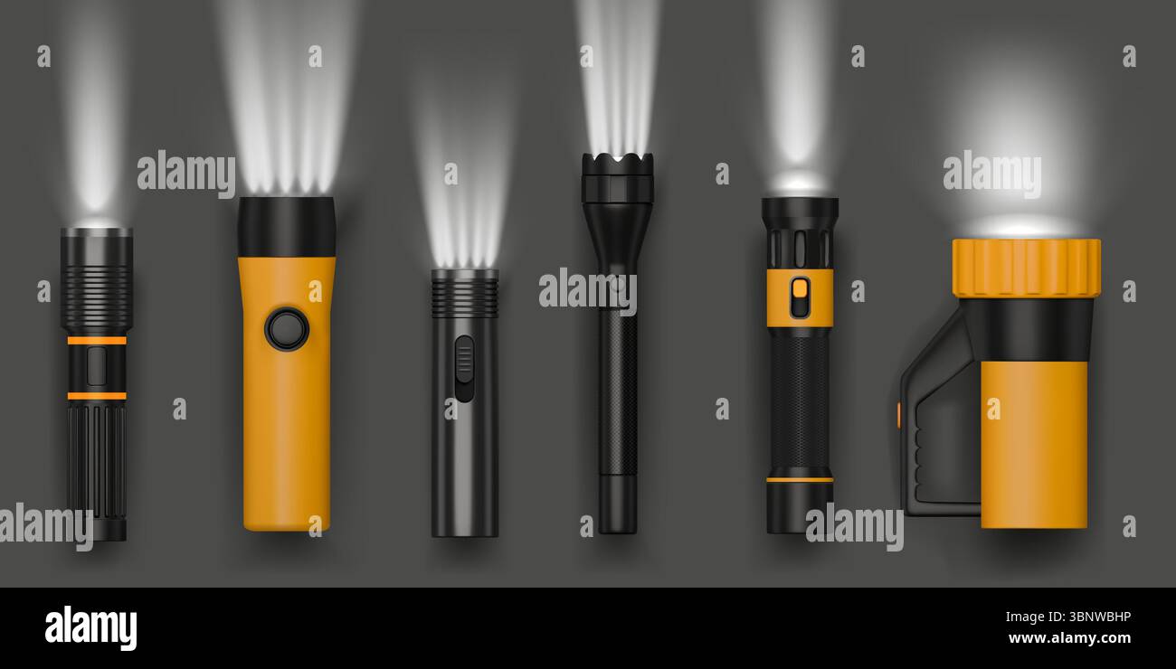 Lampe torche 3D. Lampe torche électrique. Faisceau de lanterne flash ou lueur LED réaliste. Lampe à main isolée. Vue latérale de l'équipement d'éclairage. Coup de projecteur sur les voyages. Rayon projecteur brillant. Ensemble d'objets d'éclairage vectoriel Illustration de Vecteur