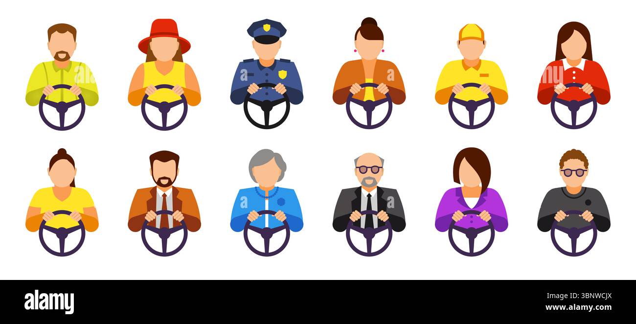 Icônes de pilote. Conduite de camion-voiture. Femme ou homme tenant le volant. Profession de conducteur. Chauffeur féminin. Course automobile. Lecteur de caractères. Trafic de coursiers ou de policiers. Têtes humaines. Ensemble plat vectoriel Illustration de Vecteur