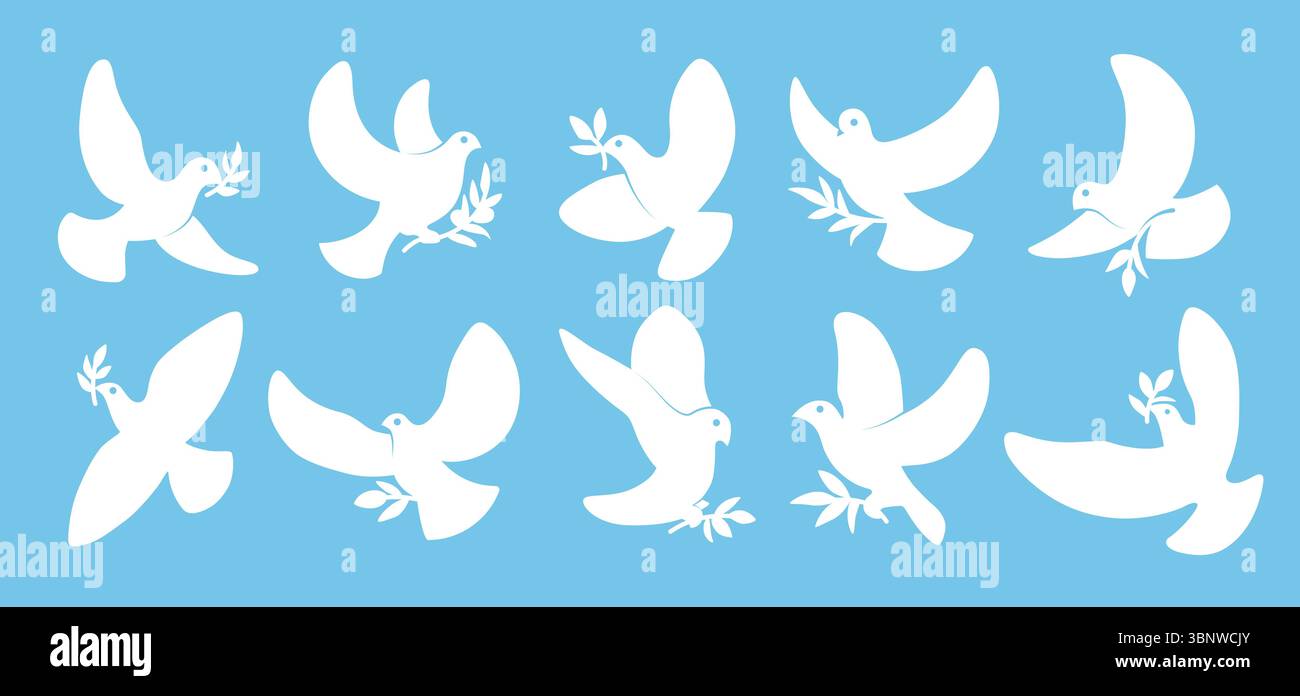 Silhouette de colombe. Mascotte d'oiseau de la paix, démocratie abstraite, symbole d'espoir. Pigeon de la solidarité mondiale de l'ukraine, sans guerre, personnages de dessin urbain drôle. Ensemble d'illustrations isolées de style plat de dessin animé vectoriel Illustration de Vecteur