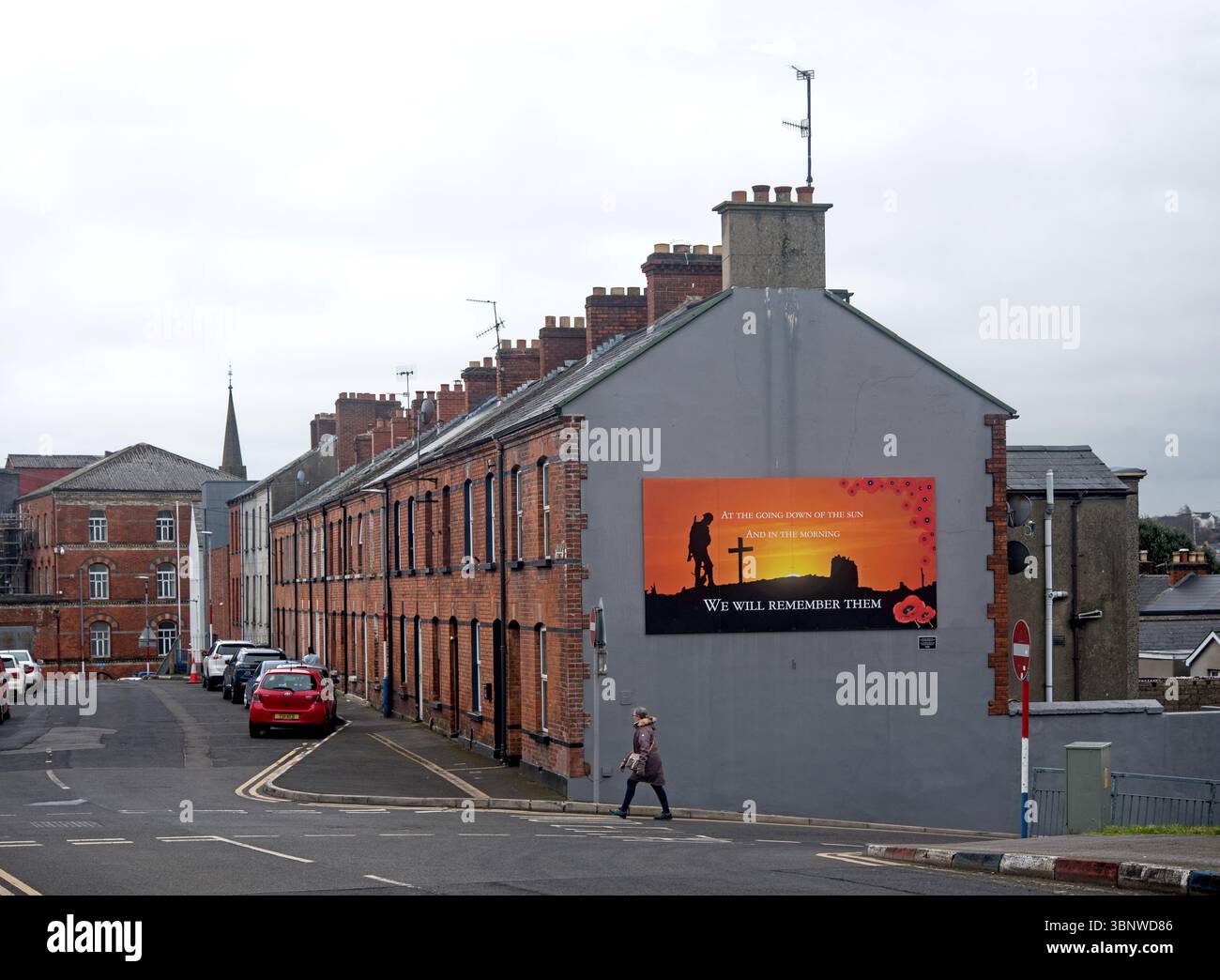 Maisons mitoyennes en briques rouges dans la zone de la fontaine loyaliste de Londonderry, Irlande du Nord. Banque D'Images