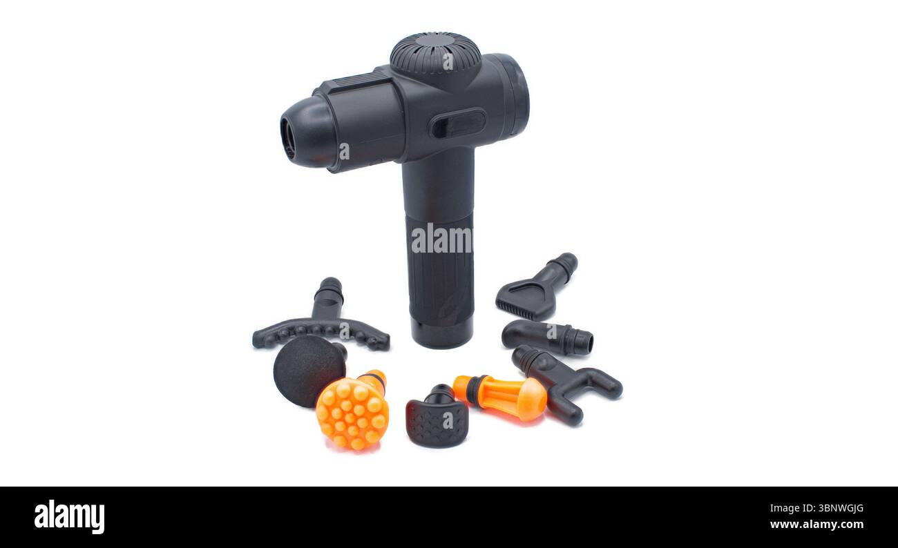Pistolet de massage Toloco EM26 avec accessoires assortis pour athlètes massage profond du dos en tissu pour soulager la douleur. Masseur à percussion électrique, couleur noire, est Banque D'Images
