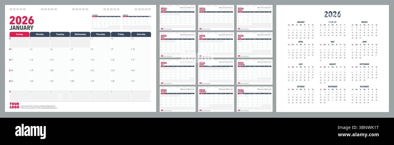 Calendrier Planner 2026 en langue anglaise. Début de semaine Sundey, modèle de planificateur de conception d'entreprise. Illustration de Vecteur