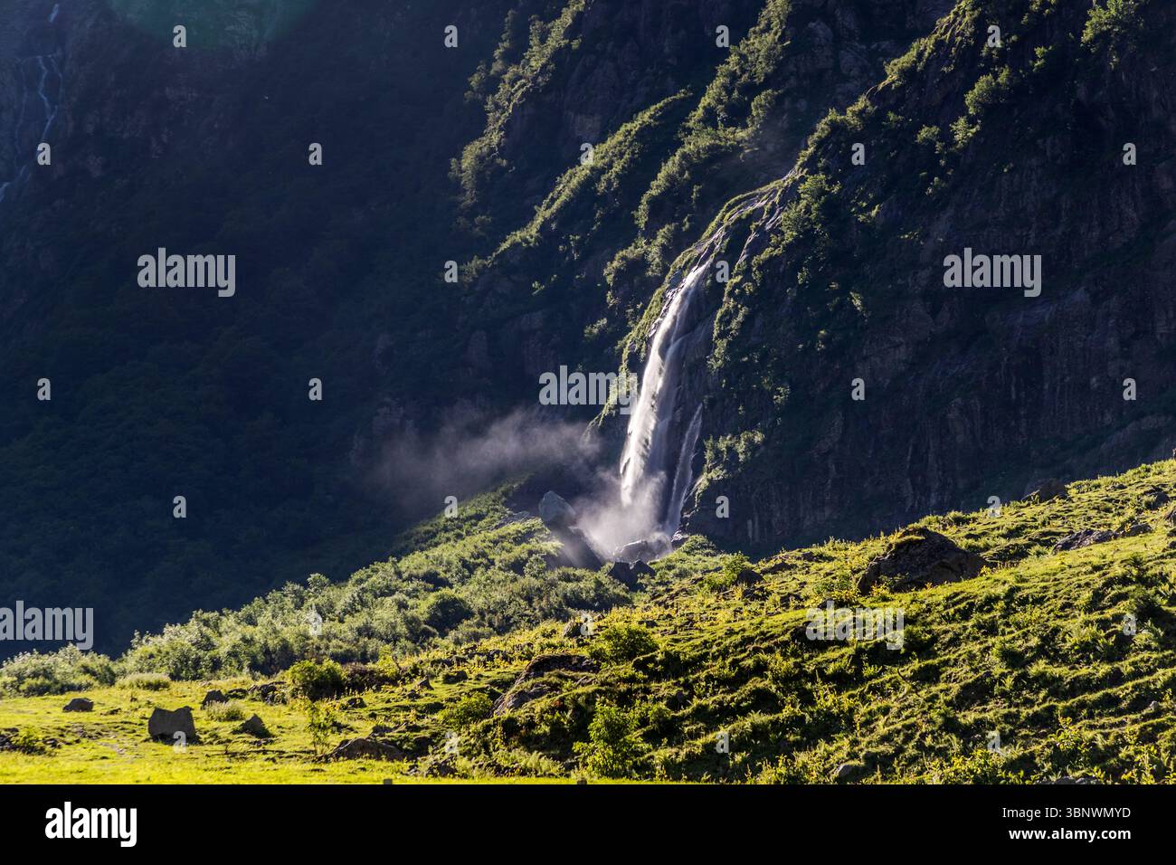 Cascade dans la vallée d'Engelberg, canton d'Uri. Une cascade impressionnante descend en cascade une paroi rocheuse sombre près de Niedersurenen dans le canton d'Uri, en Suisse, près d'Engelberg. Le soleil illumine l'eau en cascade et la pulvérisation qui en résulte, tandis que le premier plan se compose d'une pente verte ensoleillée avec des rochers Banque D'Images