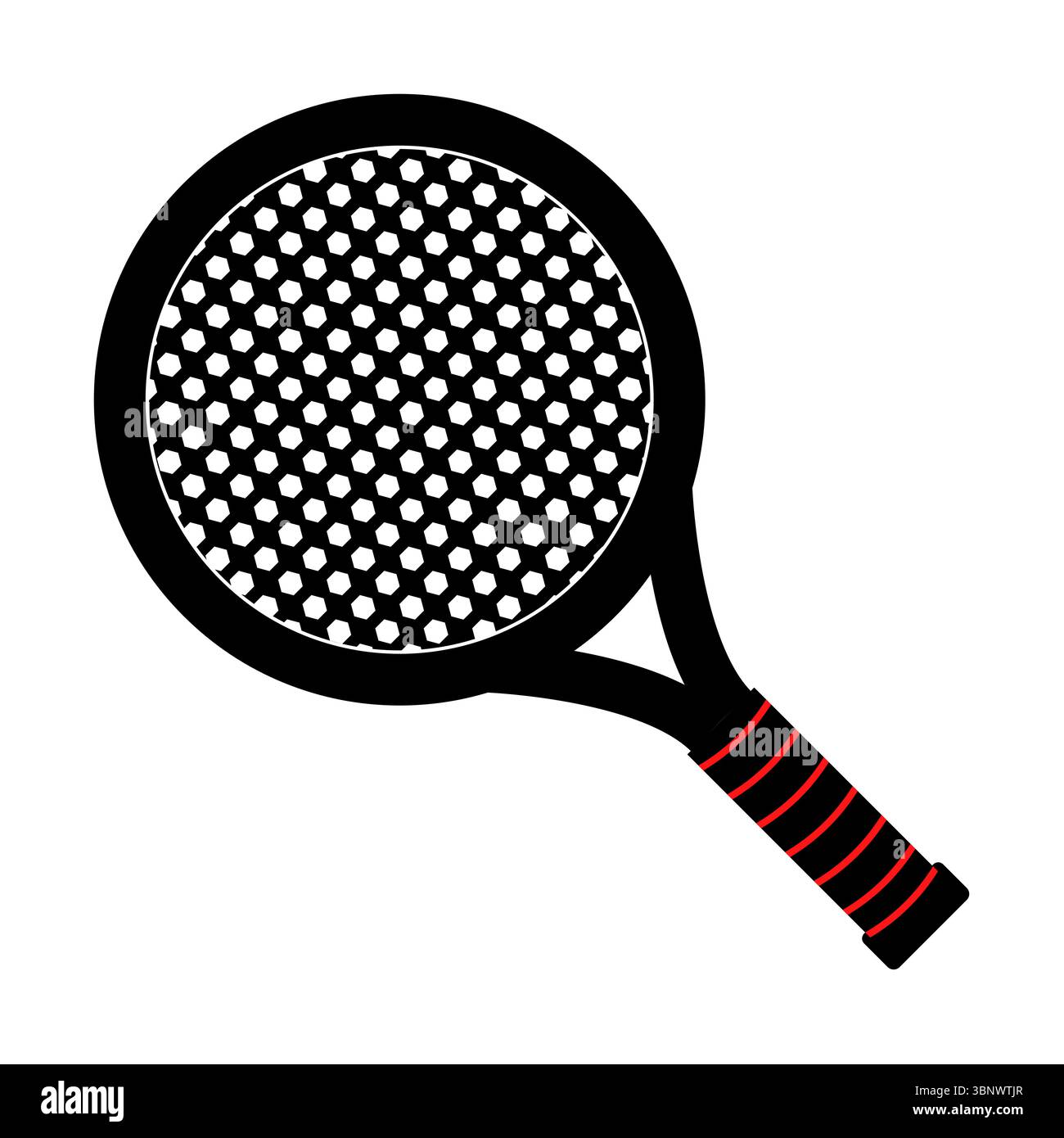 Icône de raquette de tennis noire avec illustration vectorielle de poignée rouge. Illustration vectorielle stylisée d'une raquette de tennis noire vue de l'avant. Illustration de Vecteur