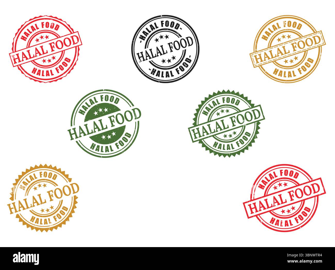 Conception d'étiquette certifiée alimentaire halal pour les produits et restaurants ensemble de collection de timbres vectoriels de différentes couleurs Illustration de Vecteur